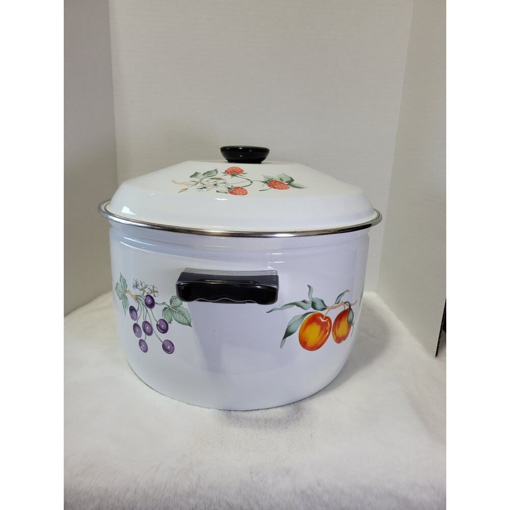 VINTAGE XL TABLETOPS UNLIMITED Stock Pot Porcelain Enamelware Fruit Theme - Picture 4 of 11